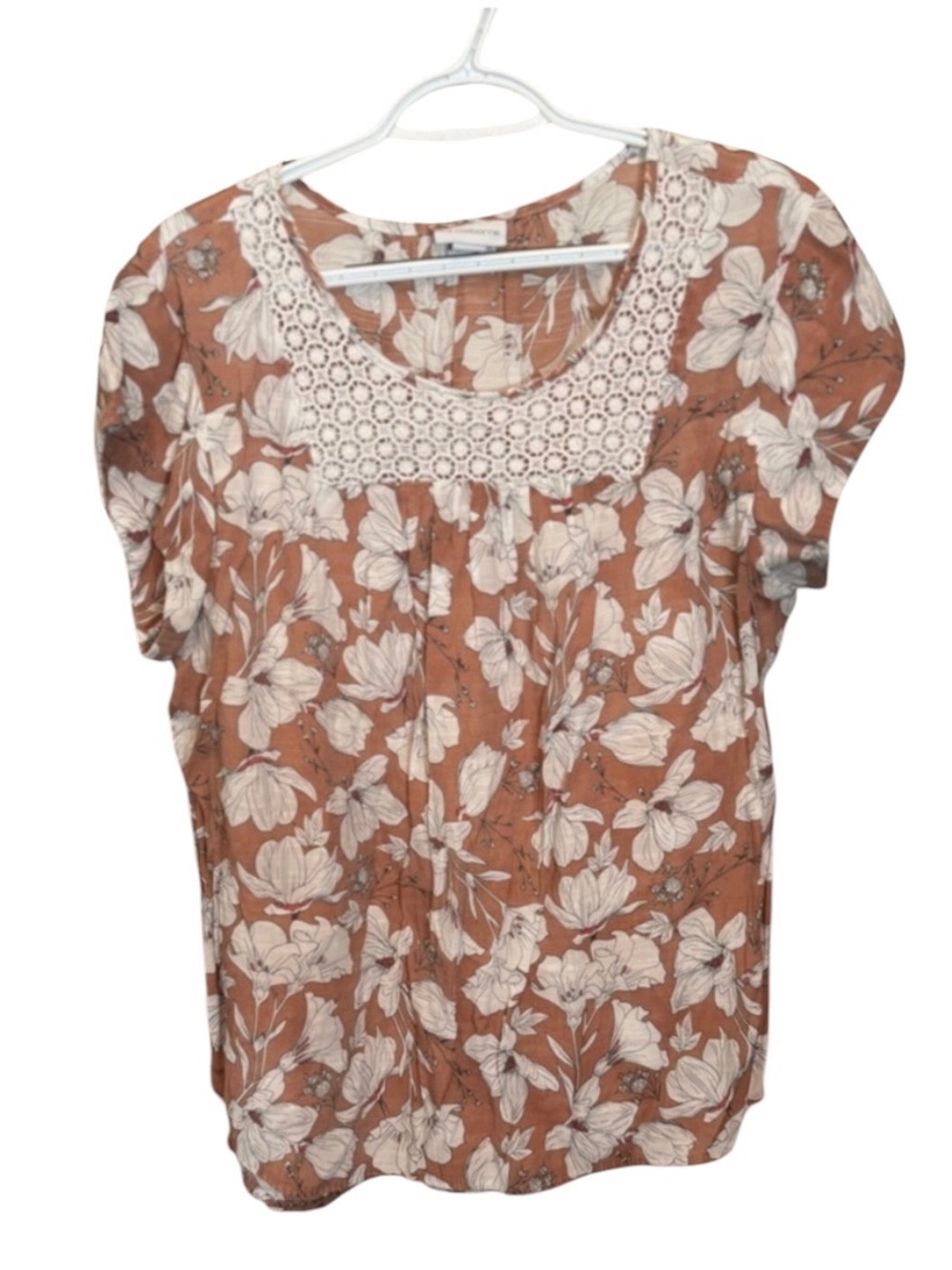 Liz Claiborne Rust Floral Crochet Yoke Blouse